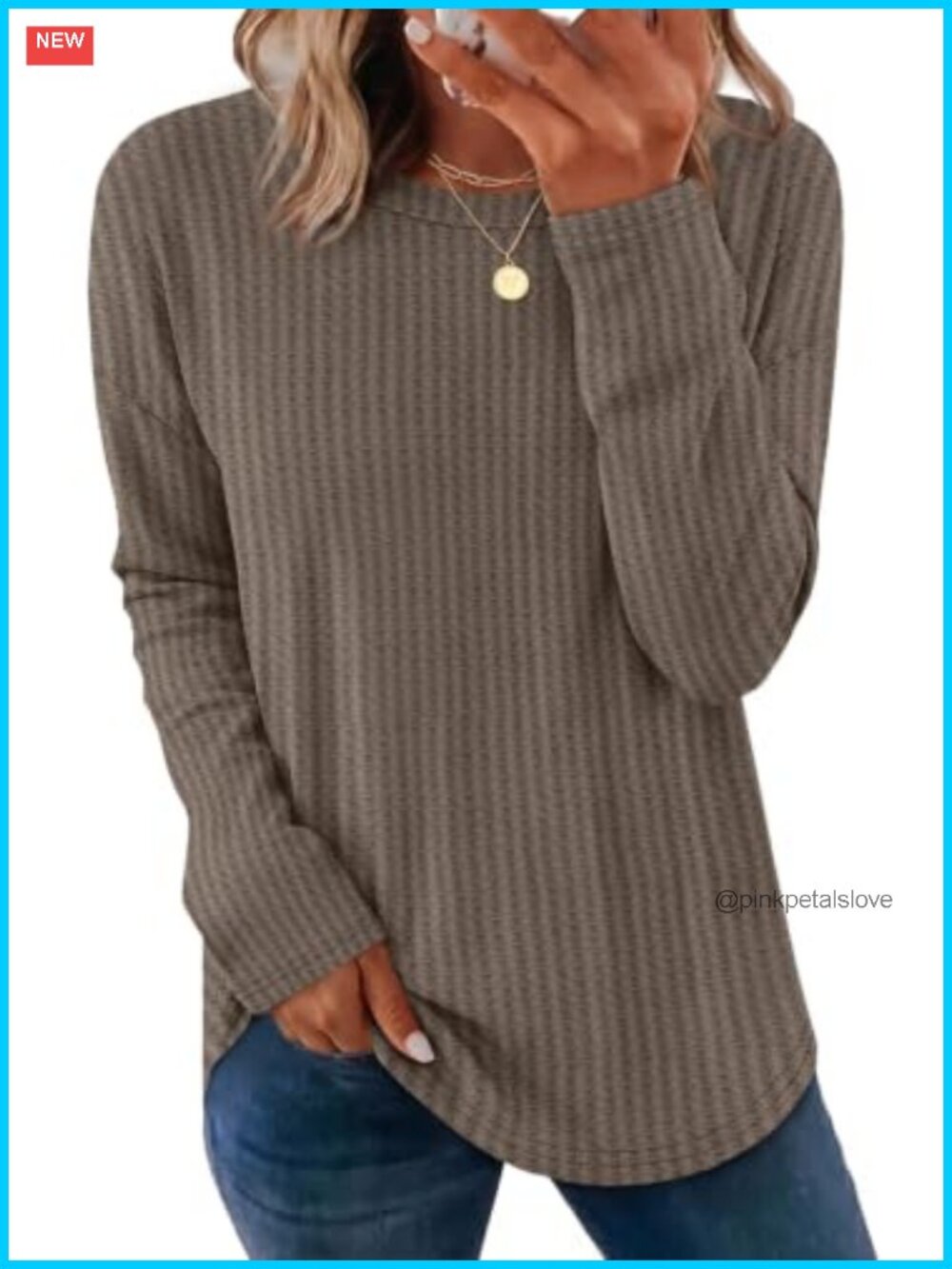Waffle Knit Long Sleeve Curved Hem Tunic Top Crew Neck Relaxed Fit Fall Winter